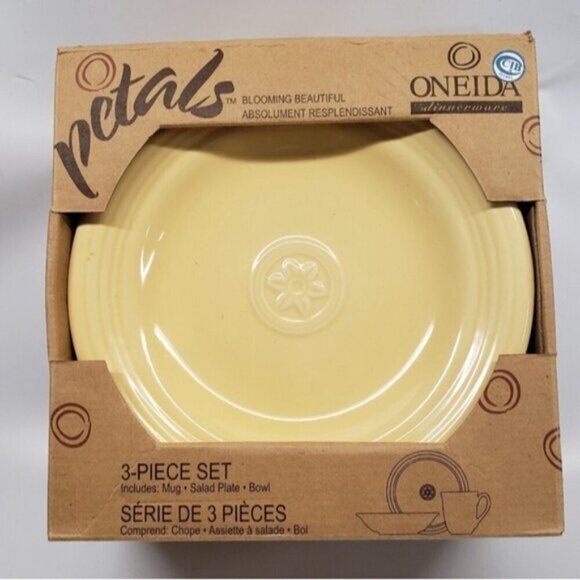 Oneida Petals Dining Set Bowl, Plate, Mug In Box Yellow Set of Three - Picture 12 of 14